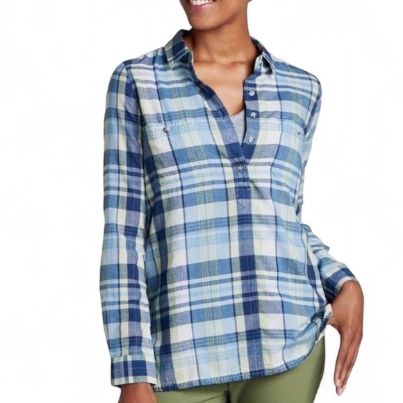 Toad & Co 100% Organic Cotton Popover Top Long Sleeves Blue Plaid Medium - Picture 1 of 9